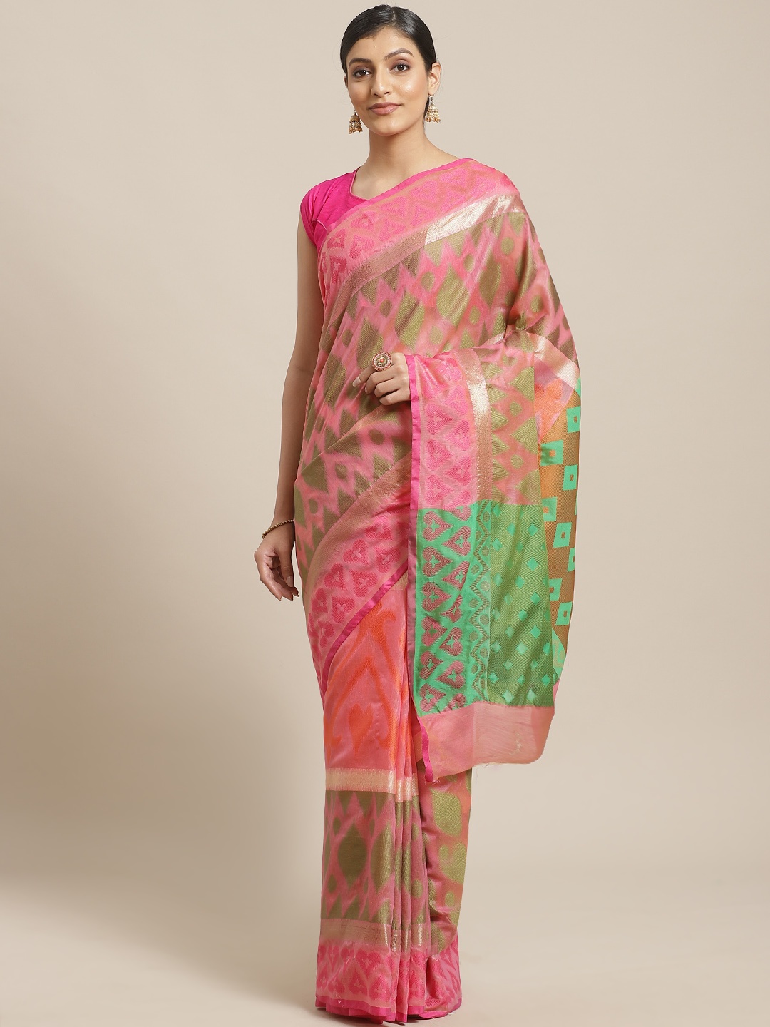 

BANARASI SILK WORKS Pink & Golden Zari Ethnic Motifs Woven Design Maheshwari Saree