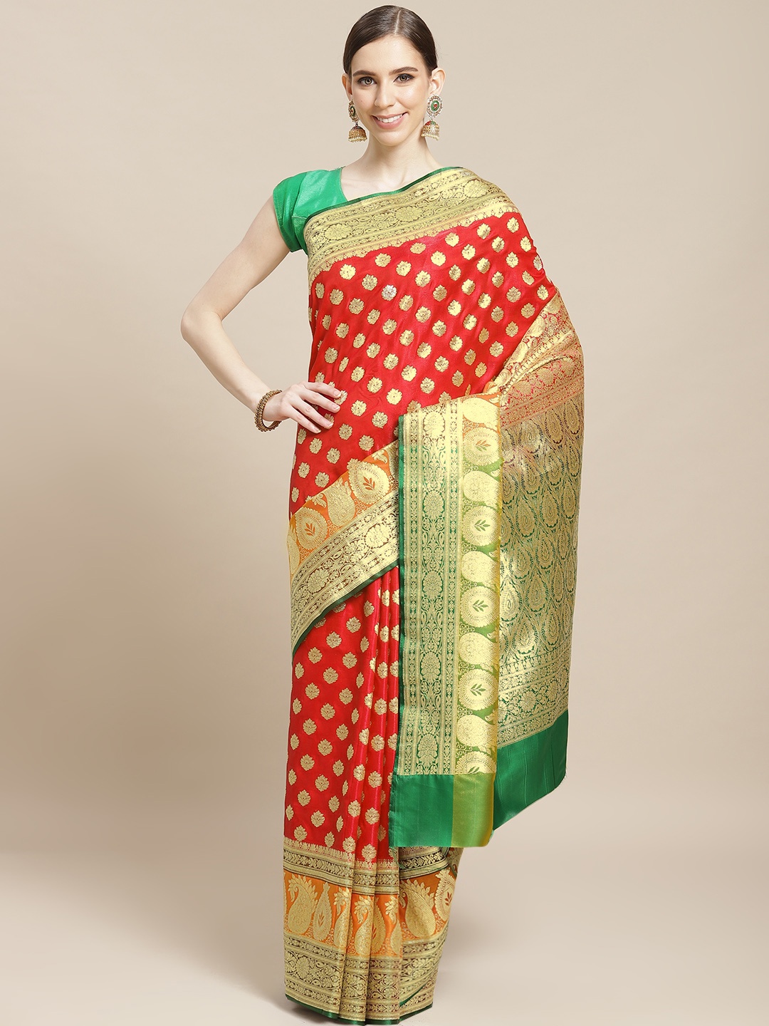 

BANARASI SILK WORKS Red & Golden Pure Silk Zari Woven Design Banarasi Saree