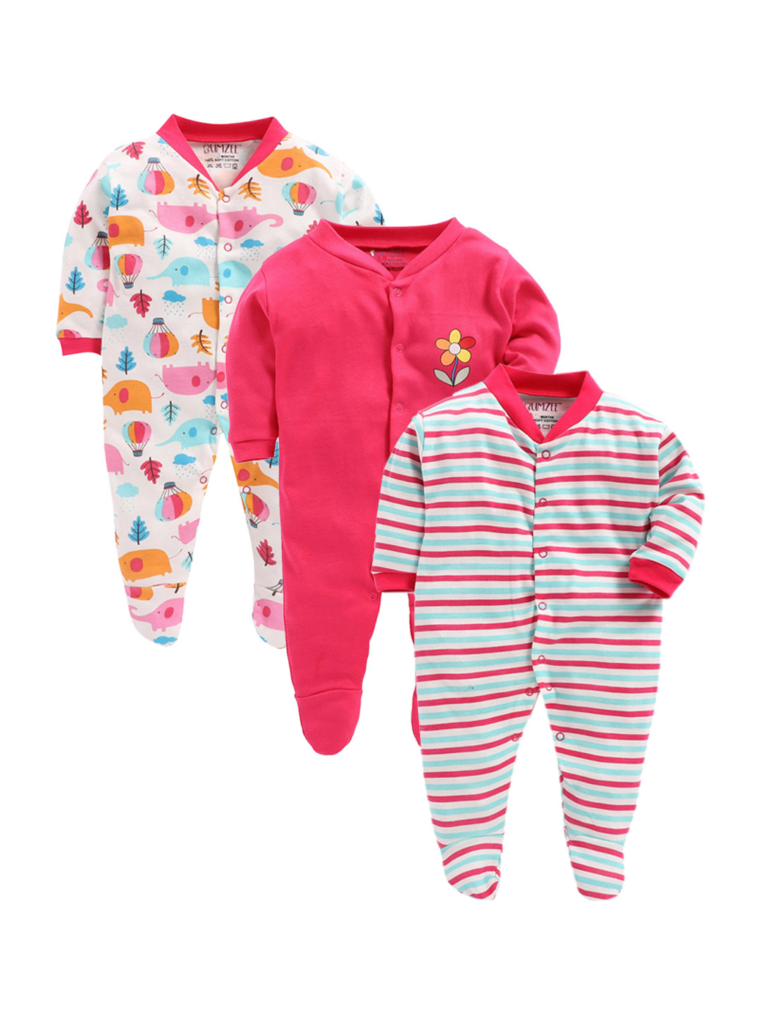 

BUMZEE Infant Kids Pack Of 3 Sleepsuits, Pink