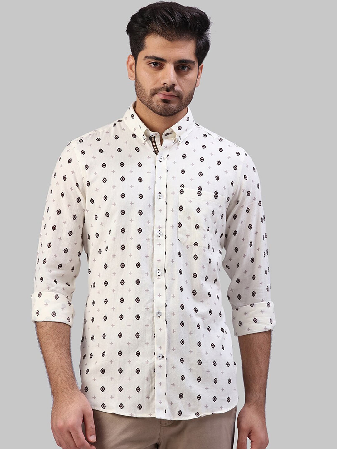 

Raymond Men White & Brown Regular Fit Printed Casual Shirt