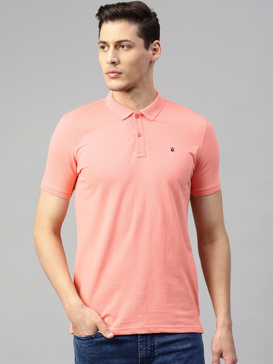 

Louis Philippe Sport Men Coral Pink Solid Polo Collar T-shirt