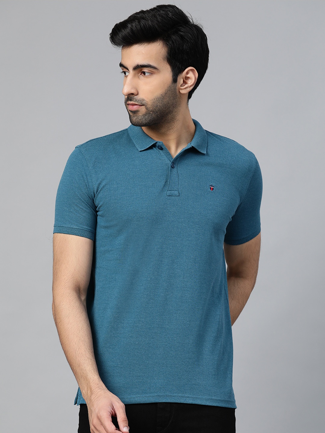 

Louis Philippe Sport Men Teal Blue Solid Polo Collar T-shirt