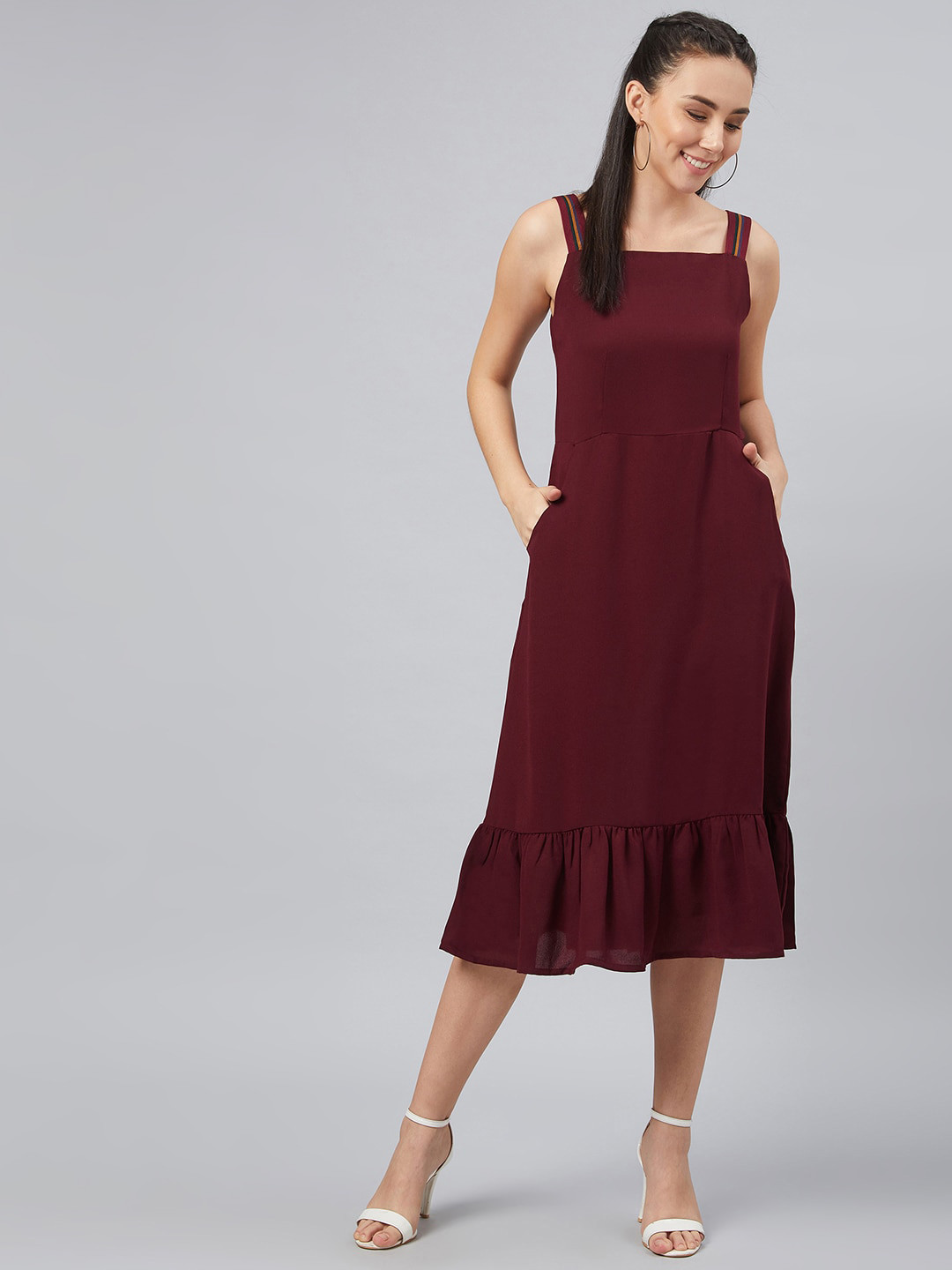 

Carlton London Women Maroon Solid Flounce Hem Fit and Flare Dress