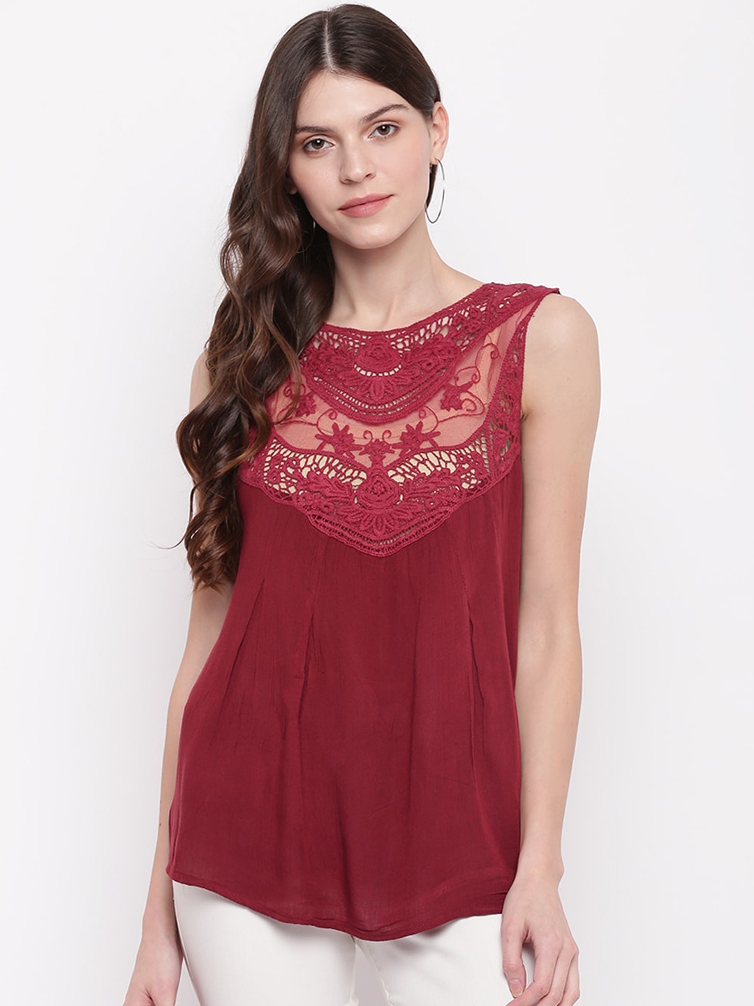 

Mayra Women Maroon Self Design A-Line Top with Lace Detail