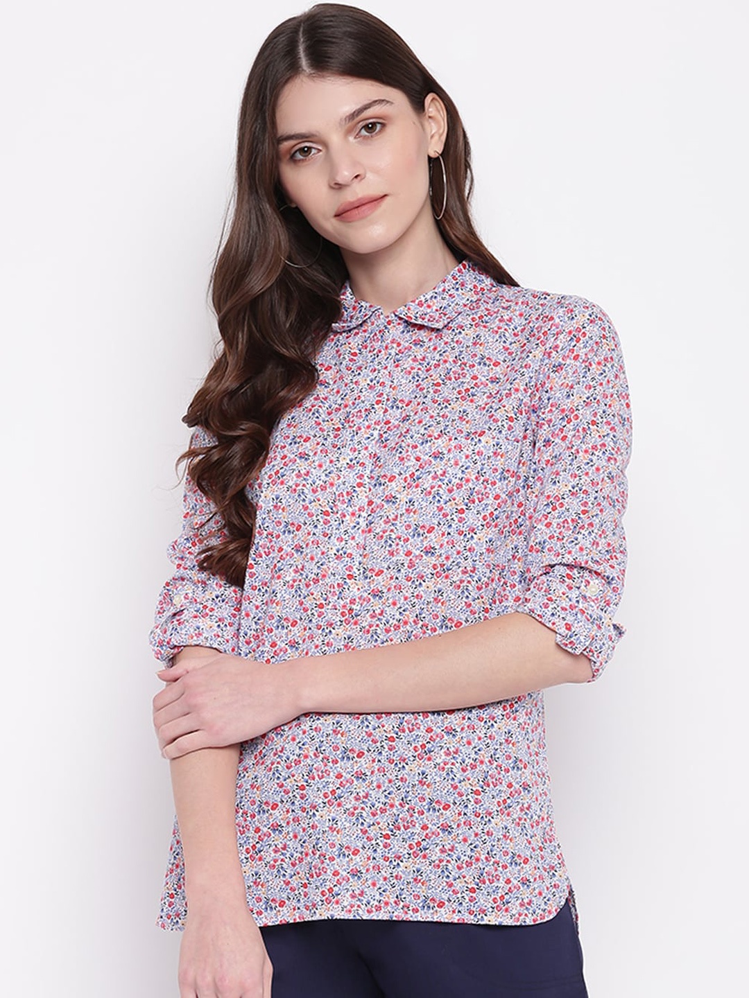 

Mayra Women Blue & Pink Printed Shirt Style Top
