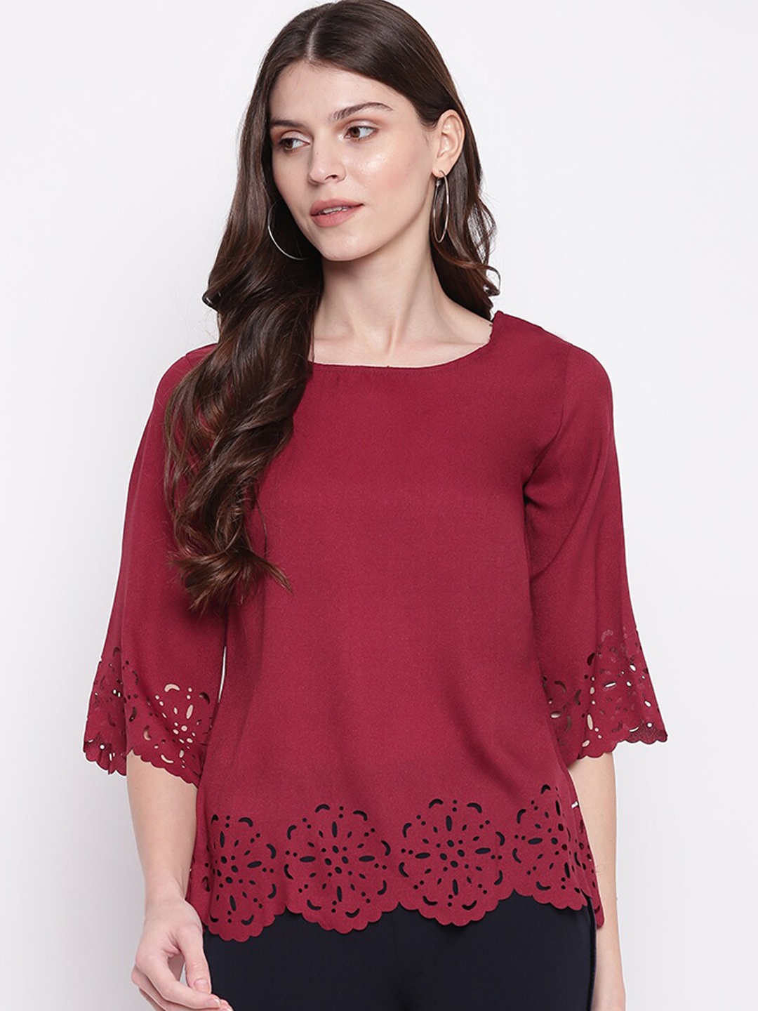 

Mayra Women Maroon Solid Schiffli Top