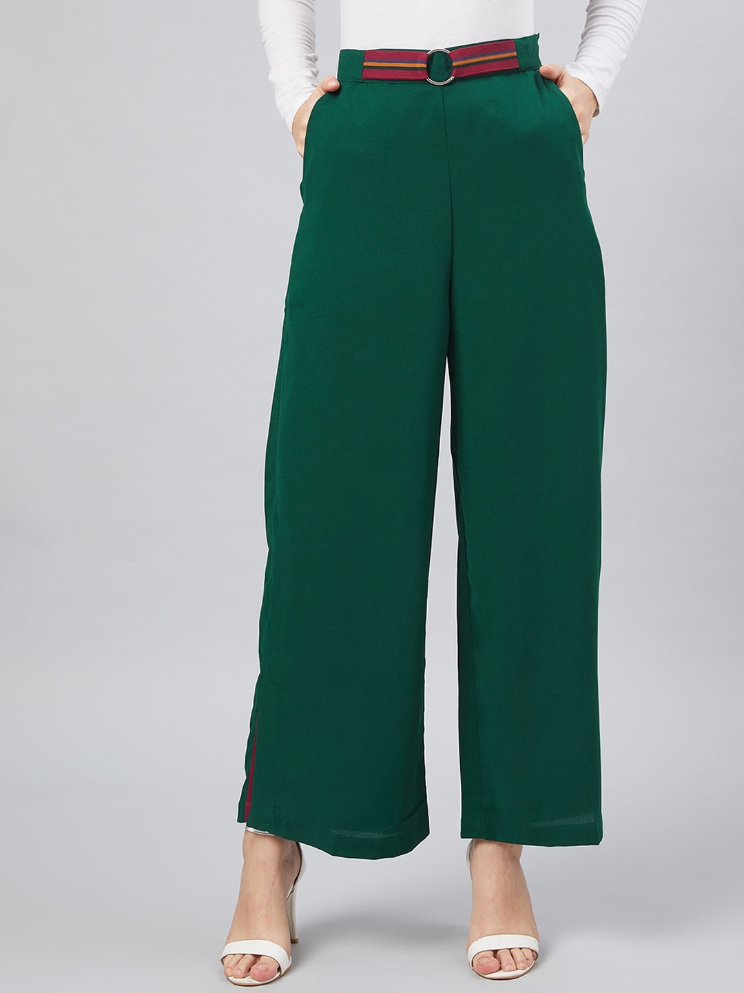 

Carlton London Women Green Regular Fit Solid Parallel Trousers