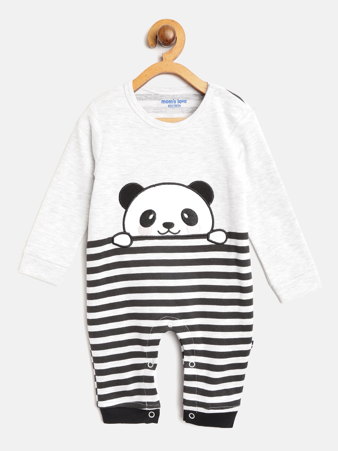 

Moms Love Boys Black & Grey Melange Striped Rompers with Panda Applique Detail