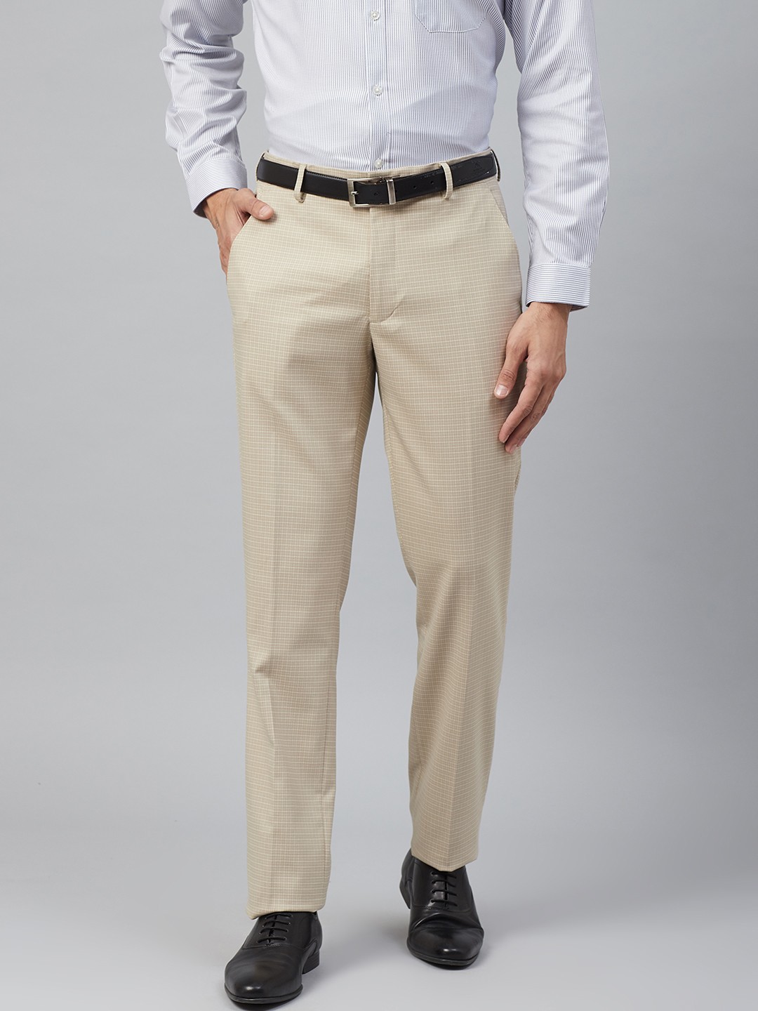 

Louis Philippe Men Beige & White Slim Fit Checked Formal Trousers