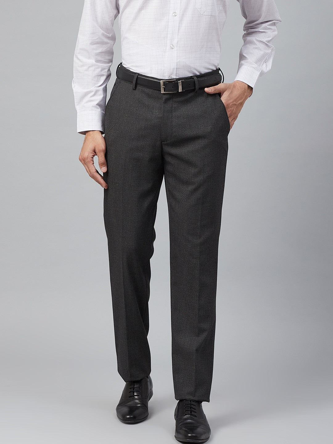 

Louis Philippe Men Charcoal Grey Slim Fit Micro Checked Formal Trousers