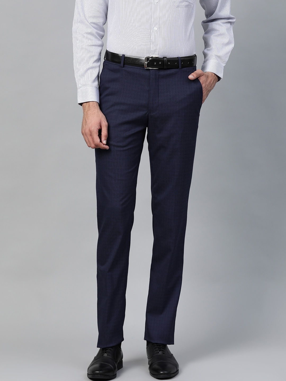 

Louis Philippe Men Navy Blue Slim Fit Self Checked Formal Trousers