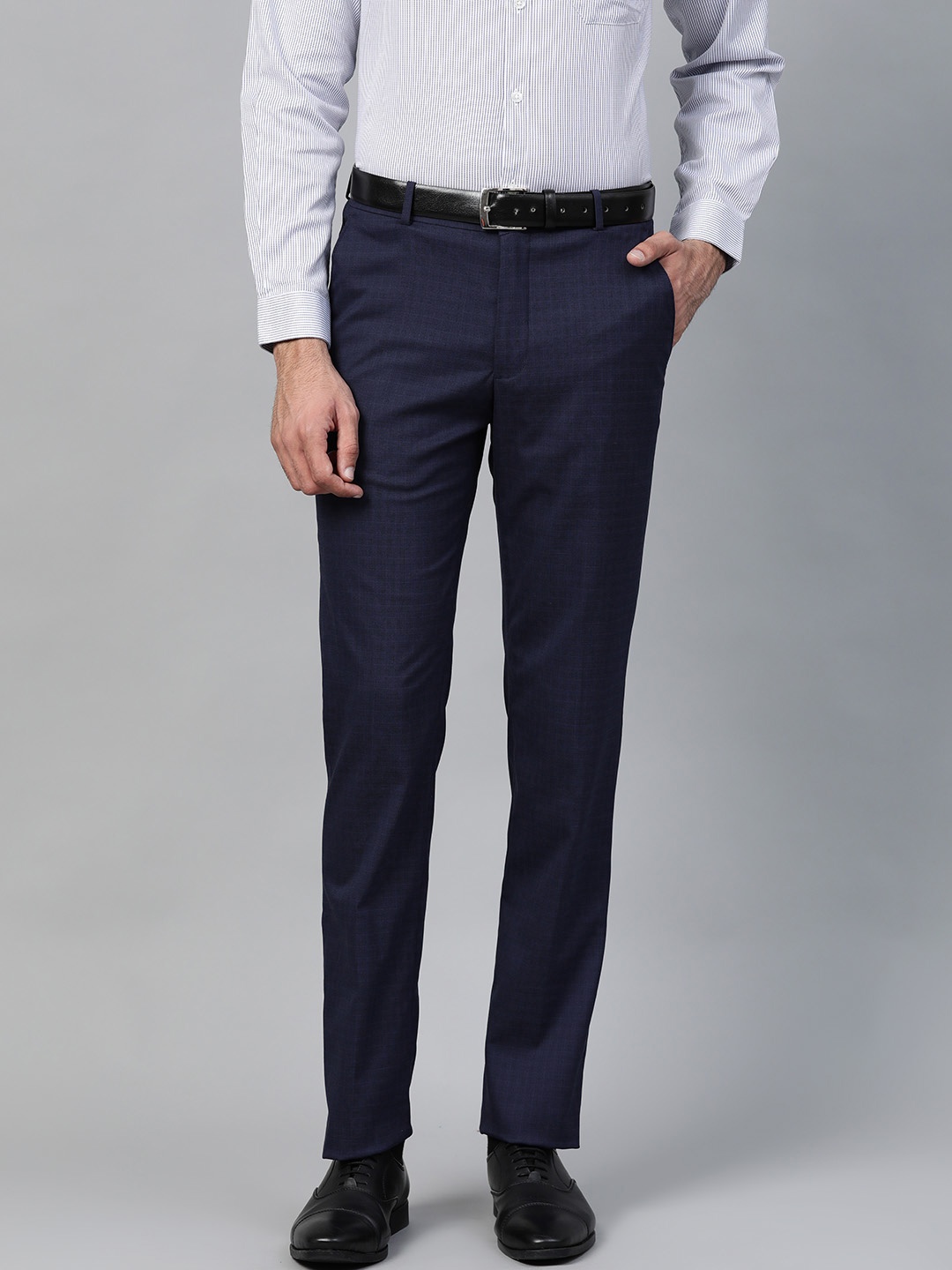 

Louis Philippe Men Navy Blue Slim Fit Self Checked Formal Trousers