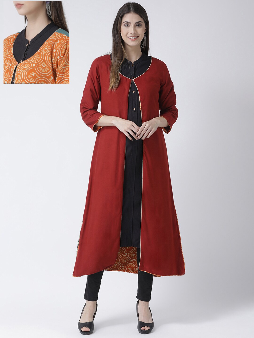 

Span Women Maroon & Orange Printed Reversible Open Front Shrug