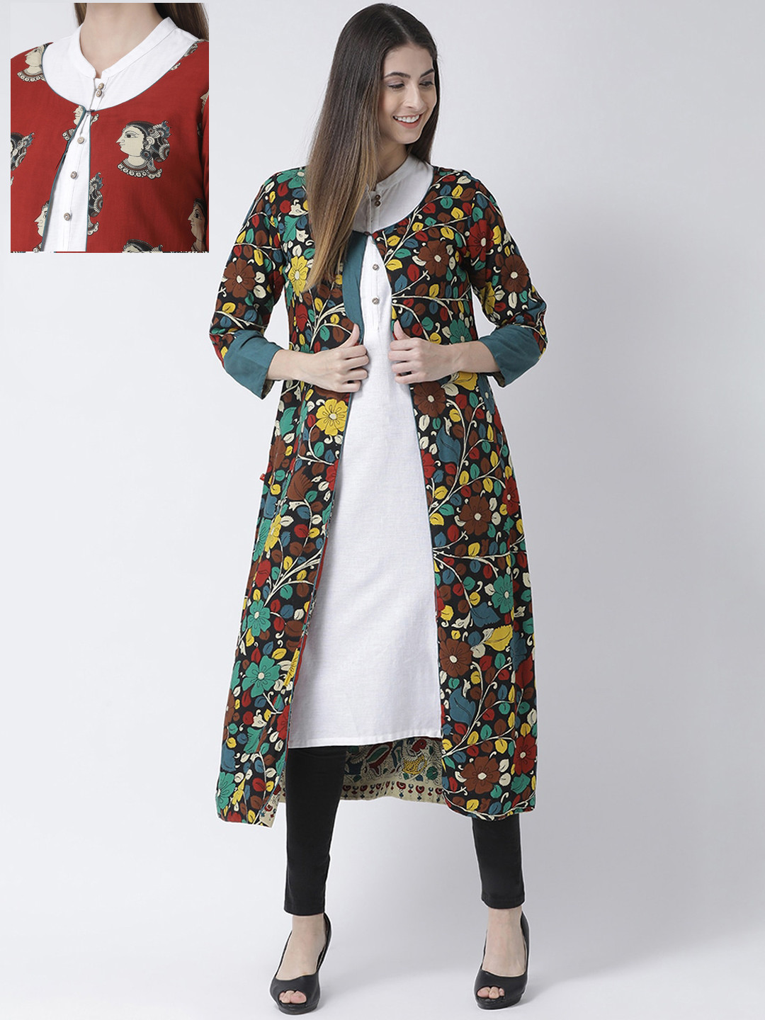 

Span Women Green & Red Printed Reversible Longline Button Shrug