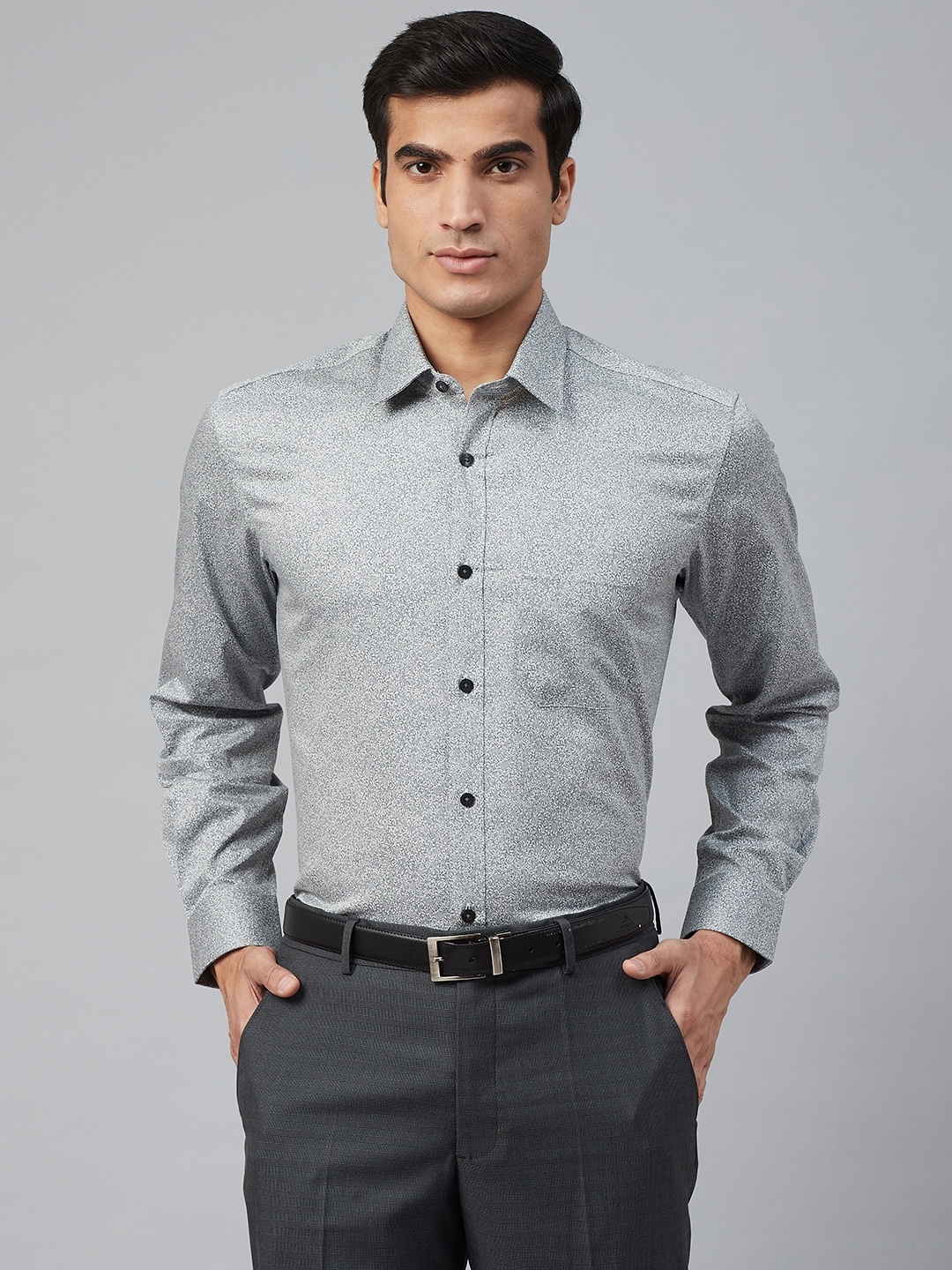 

Louis Philippe Men Grey & White Slim Fit Printed Formal Shirt