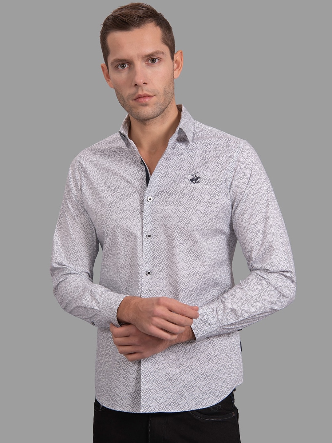 

Beverly Hills Polo Club Men White & Grey Slim Fit Printed Casual Shirt