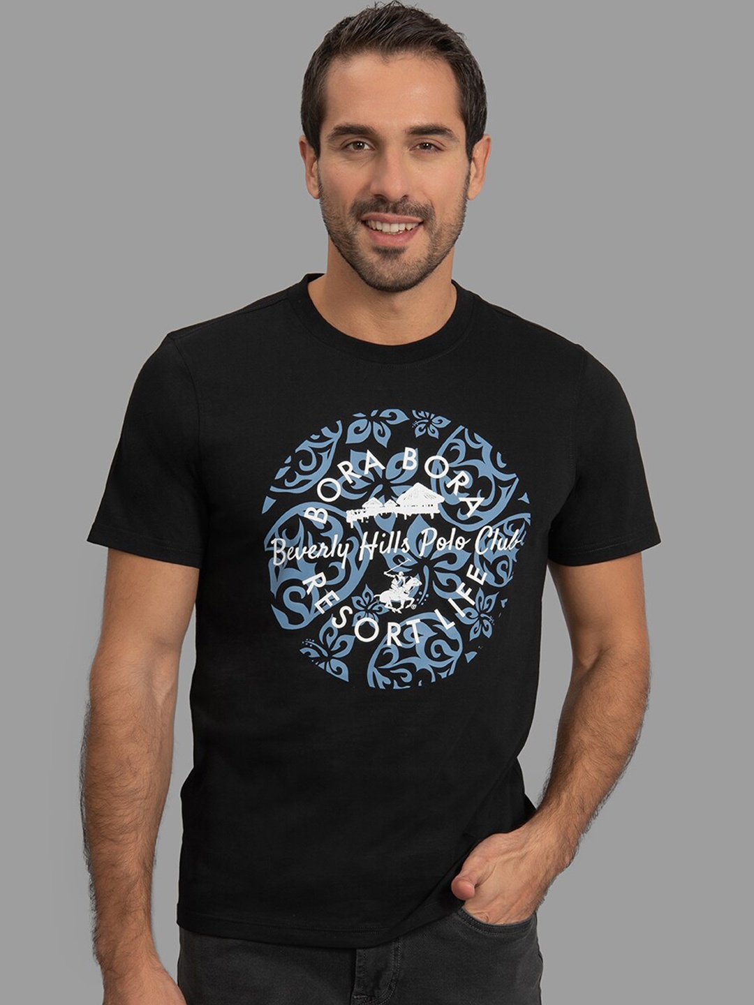 

Beverly Hills Polo Club Men Black & Blue Brand Logo Print Round Neck T-shirt