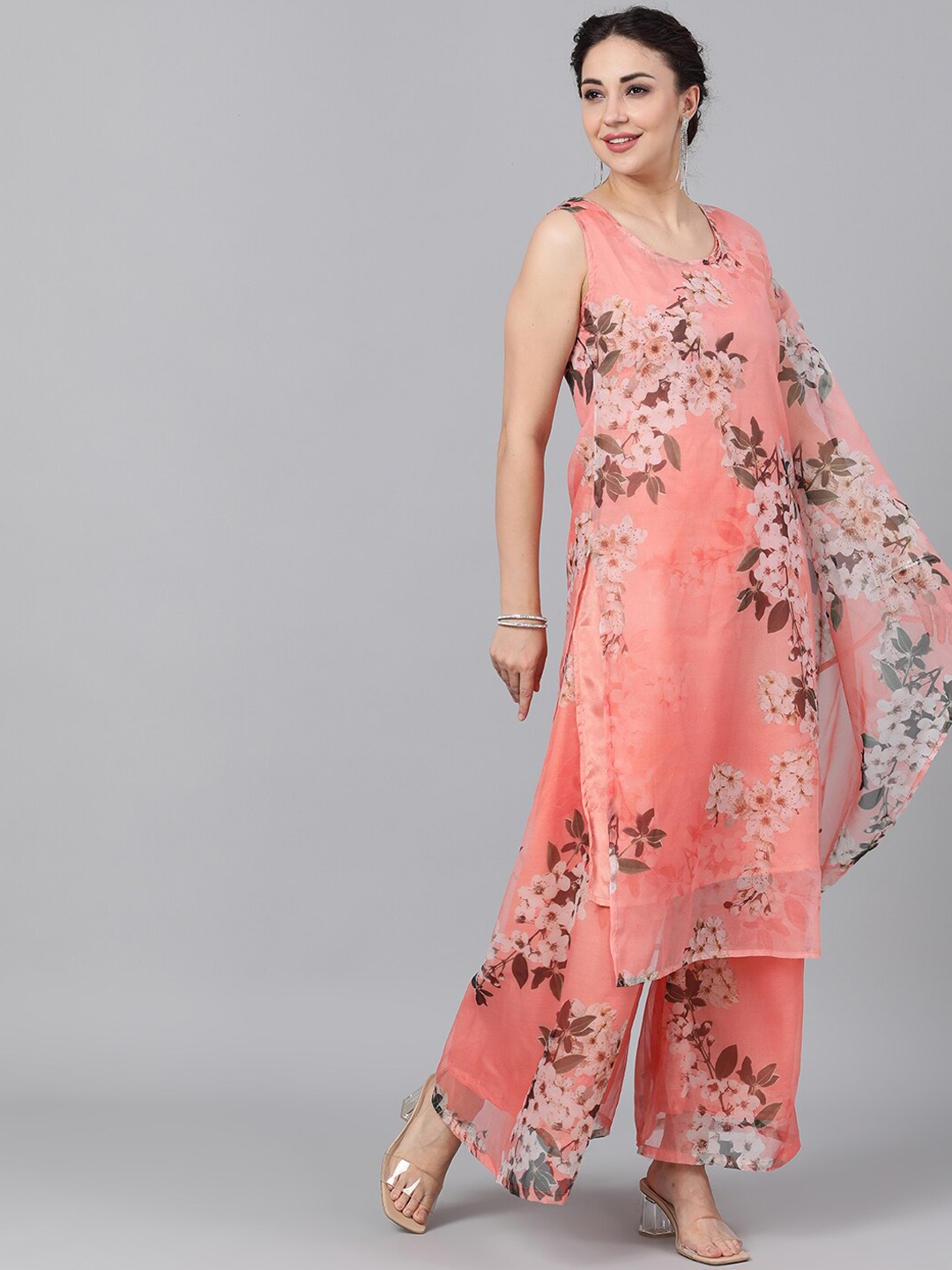 

AKS Women Peach-Coloured Printed Layered Kurta with Palazzos & Dupatta