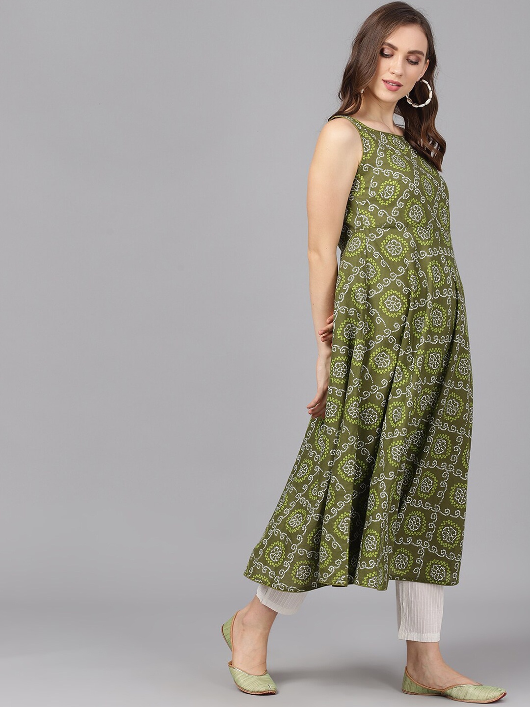 

AKS Women Olive Green & White Printed Anarkali Kurta