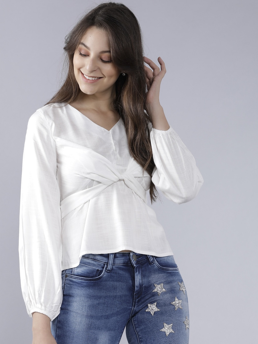 

Tokyo Talkies Women Off-White Solid Cinched Waist Top