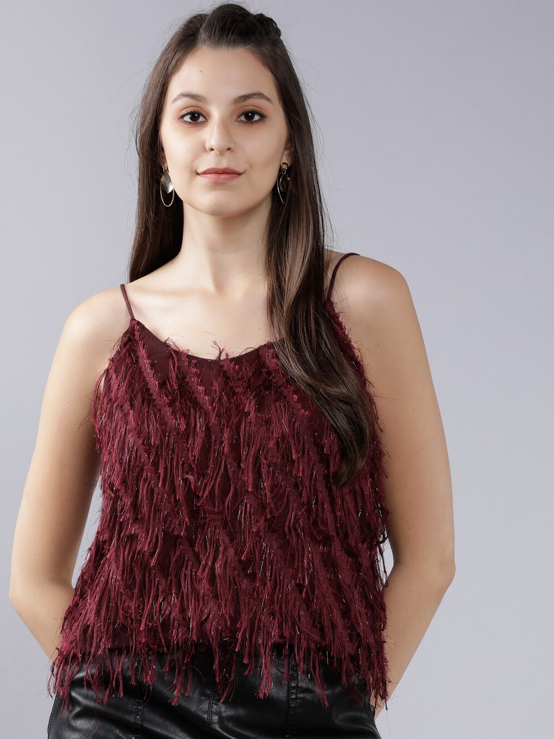 

Tokyo Talkies Women Burgundy Jacquard Self Design Top