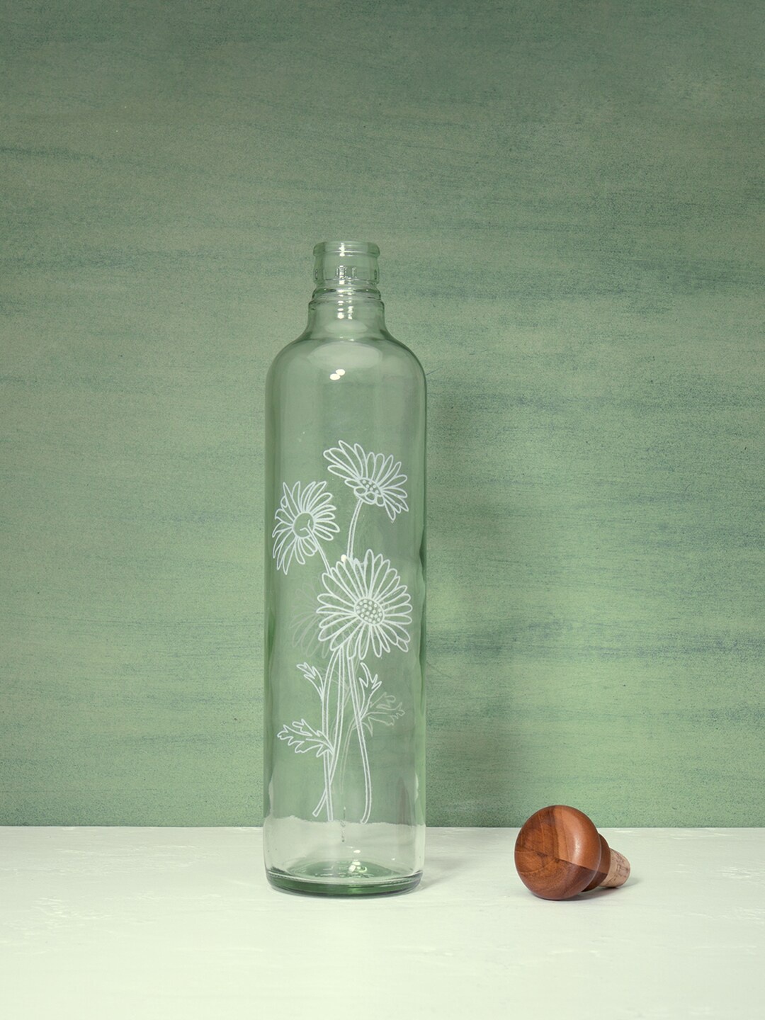 

ellementry Unisex Transparent Solid Daisy Glass Water Bottle With Wooden Stopper 500 ml
