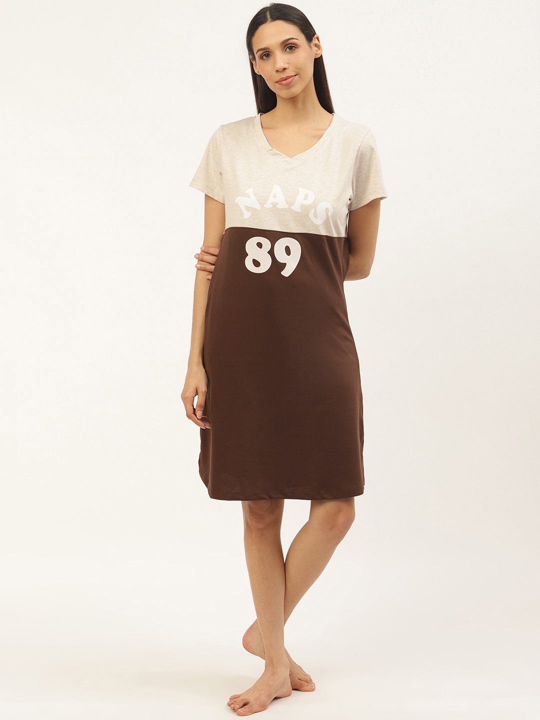

Sweet Dreams Brown & Off-White Pure Cotton Colourblocked Nightdress