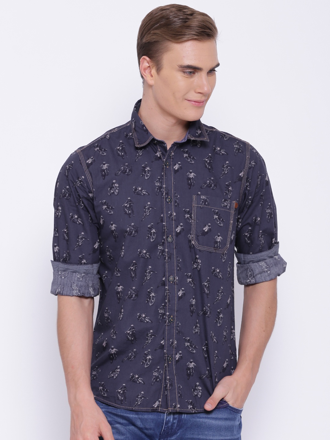 

Pepe Jeans Navy Printed Semi Fit Casual Shirt, Navy blue