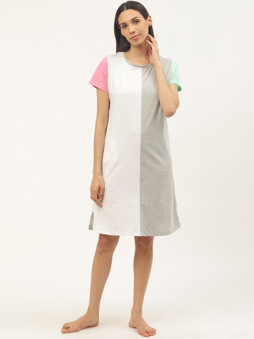 

Sweet Dreams Grey & White Pure Cotton Colourblocked Nightdress