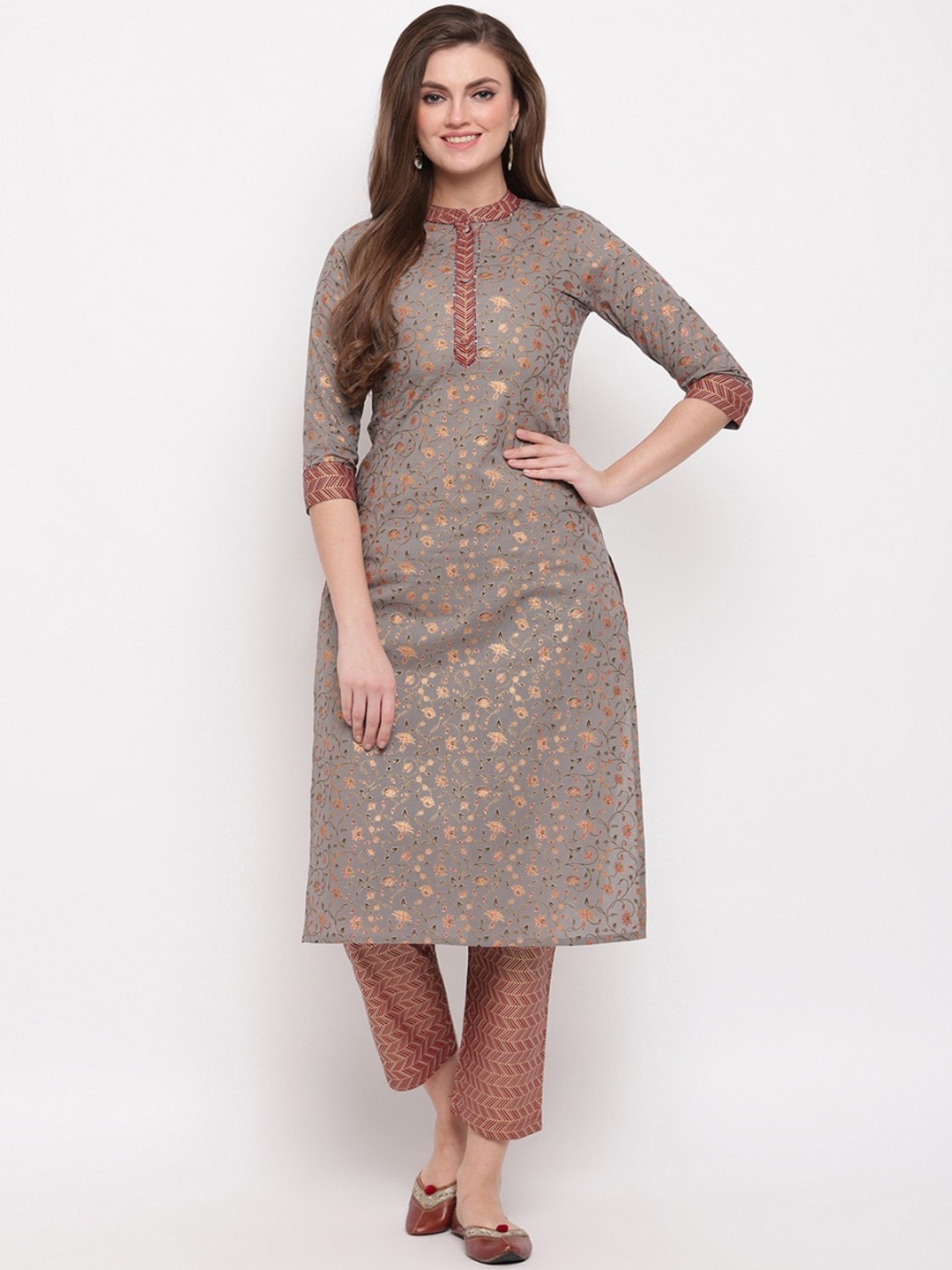 

Vbuyz Women Grey & Gold-Coloured Printed Straight Kurta