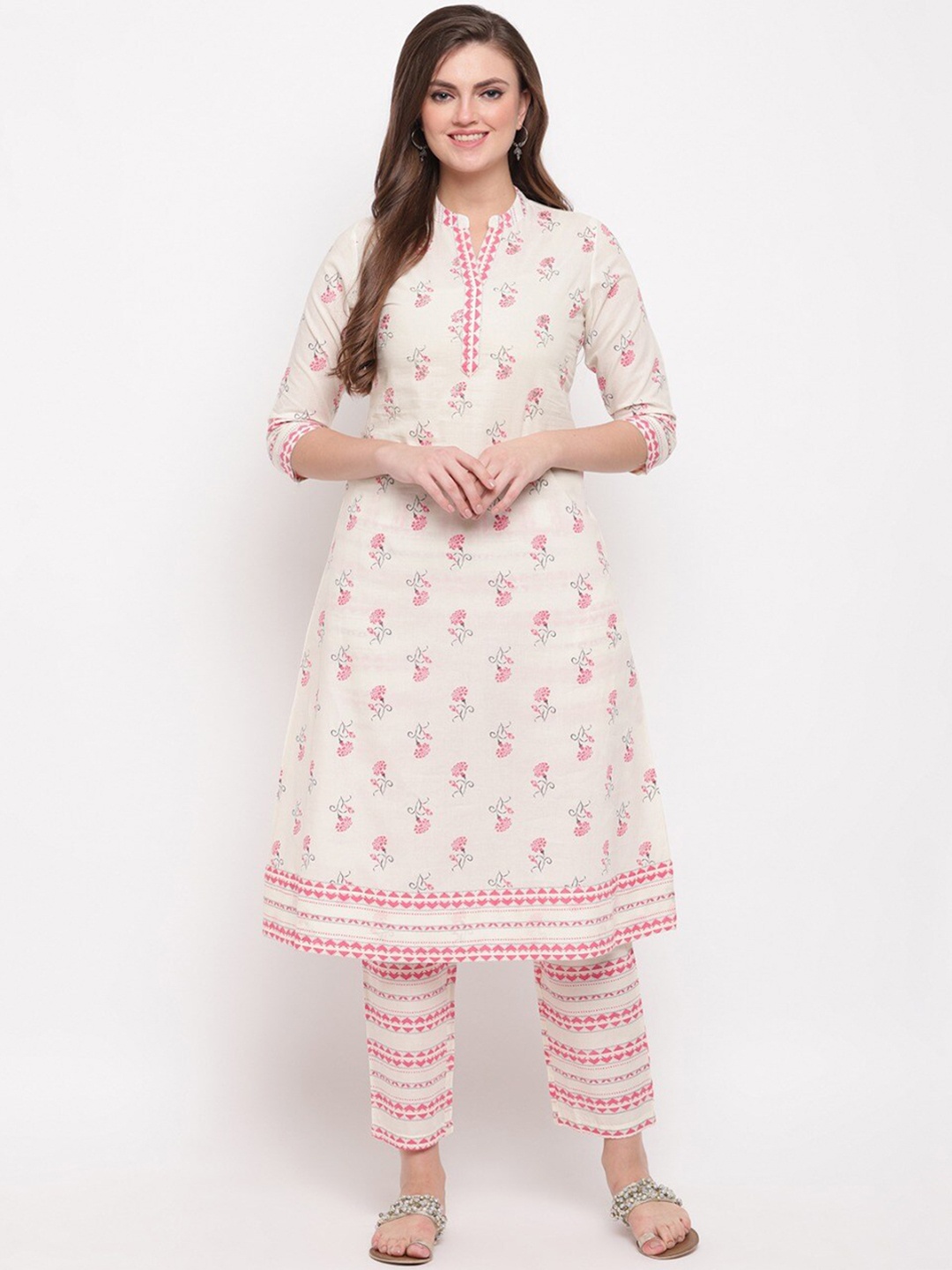 

Vbuyz Women White & Pink Floral Print A-Line Kurta