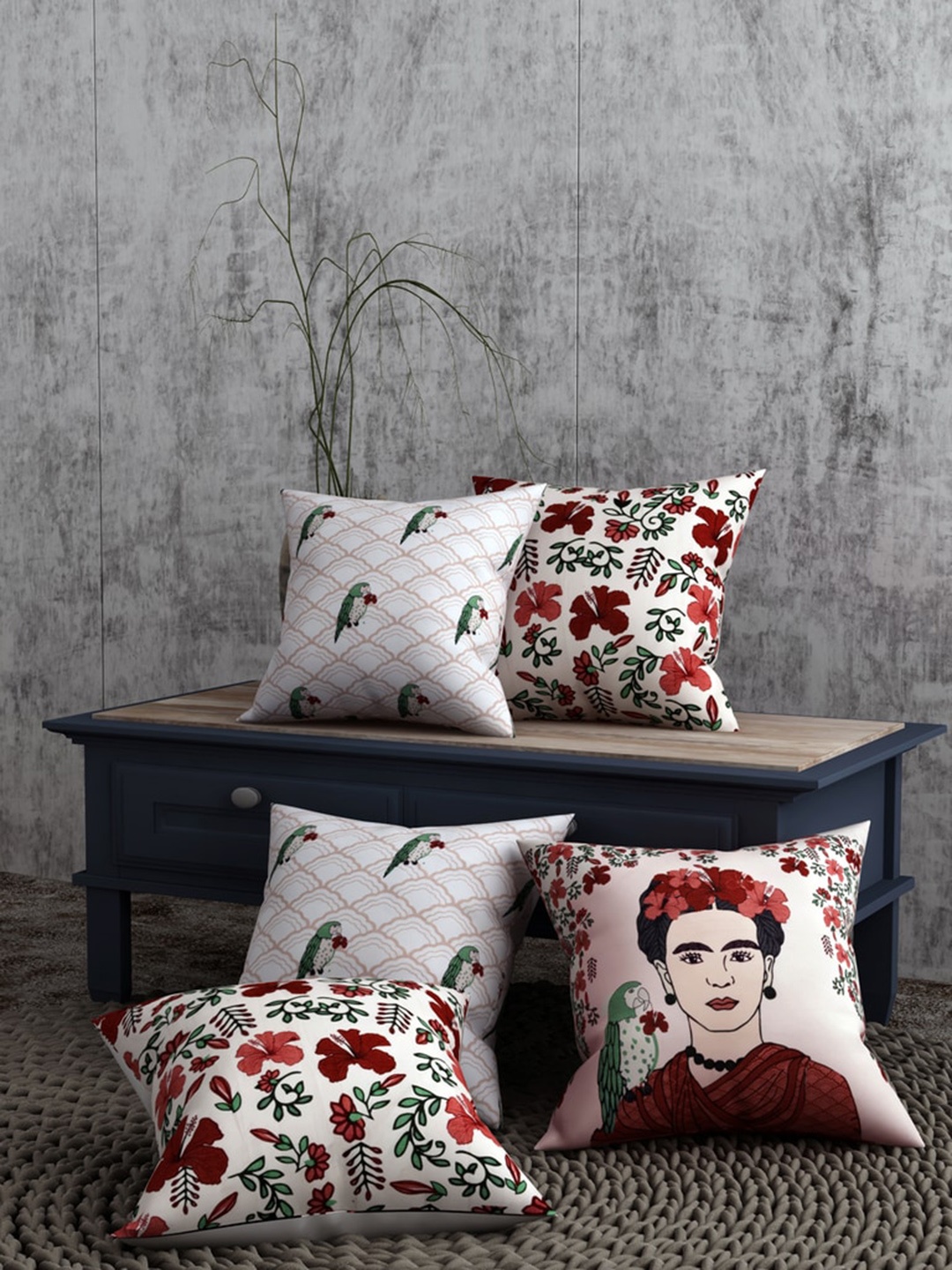 

EverHOME Set Of 5 Off-White & Maroon Printed Square Cushion Covers