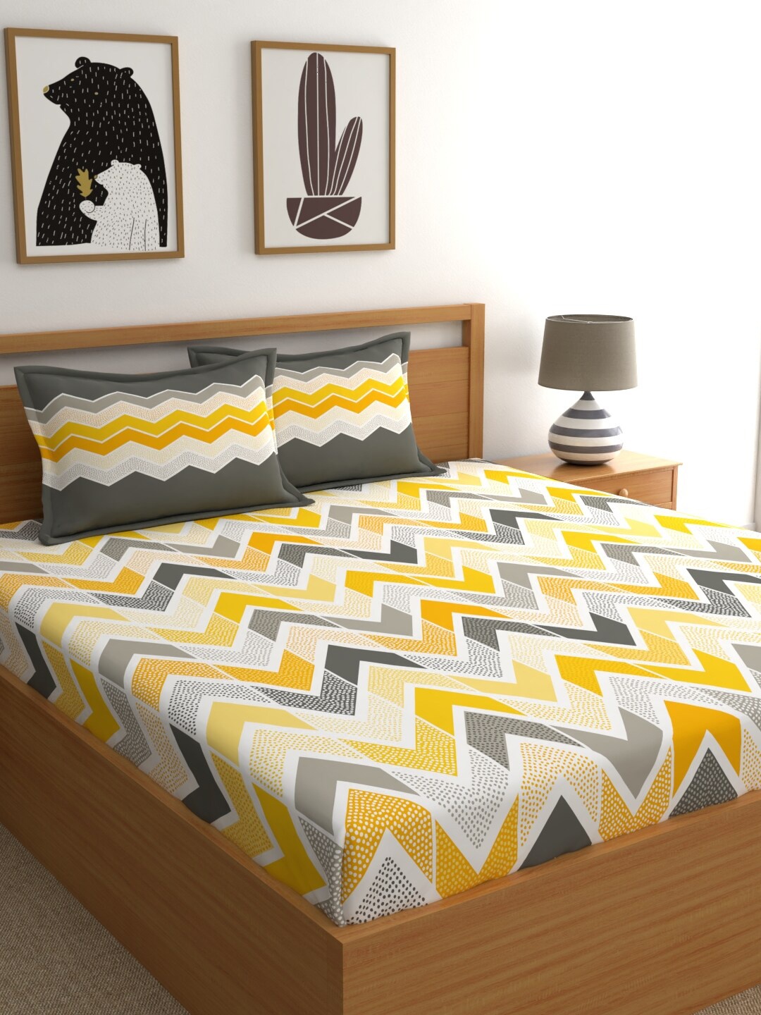 

Dreamscape Yellow Geometric 180 TC Cotton 1 Queen Bedsheet with 2 Pillow Covers