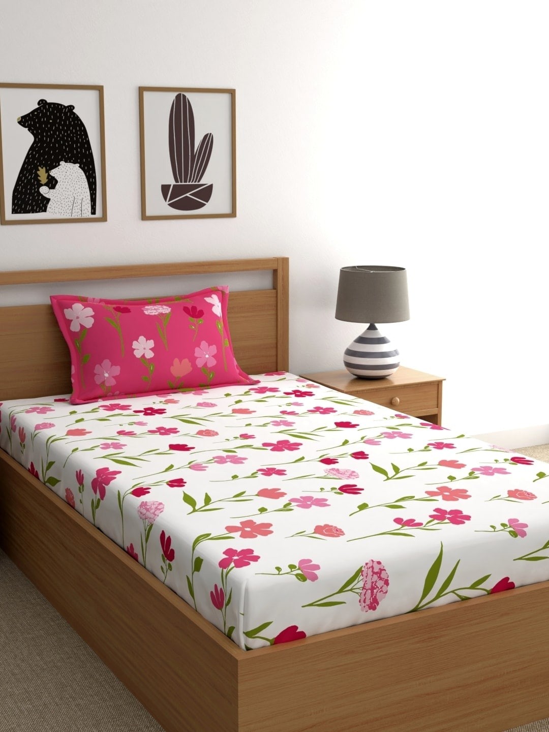 

Dreamscape Pink Floral 180 TC Cotton 1 Single Bedsheet with 1 Pillow Cover