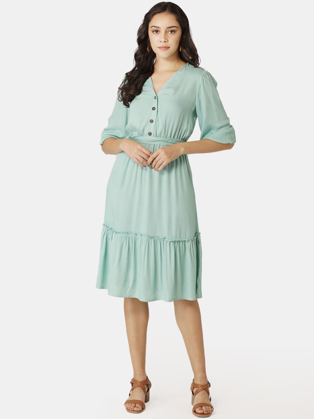 

DIVA WALK EXCLUSIVE Women Mint Green Solid A-Line Dress with Belt