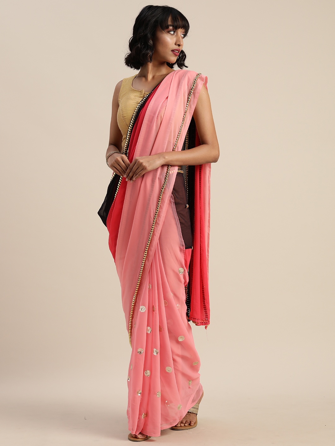 

Tikhi Imli Pink & Black Poly Georgette Embellished Saree