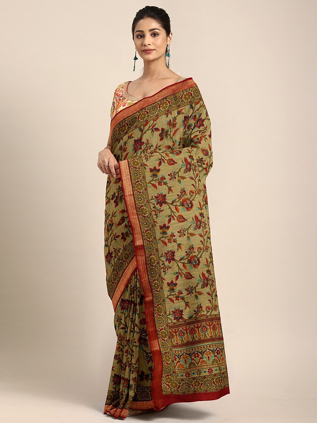 

KALINI Olive Green & Red Cotton Blend Printed Saree