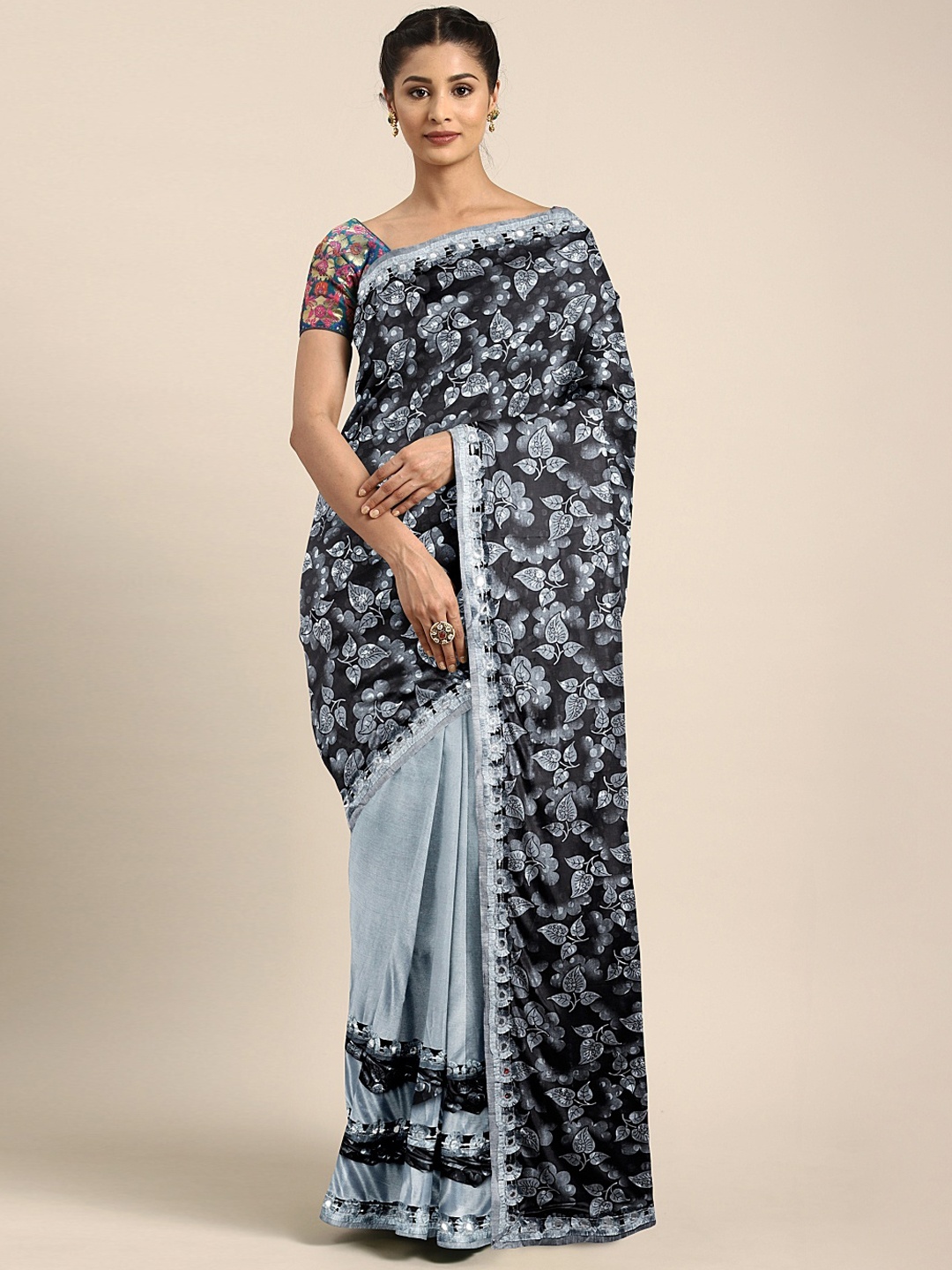 

KALINI Grey & Black Silk Blend Printed Half & Half Celebrity Saree with Ruffle Detailing