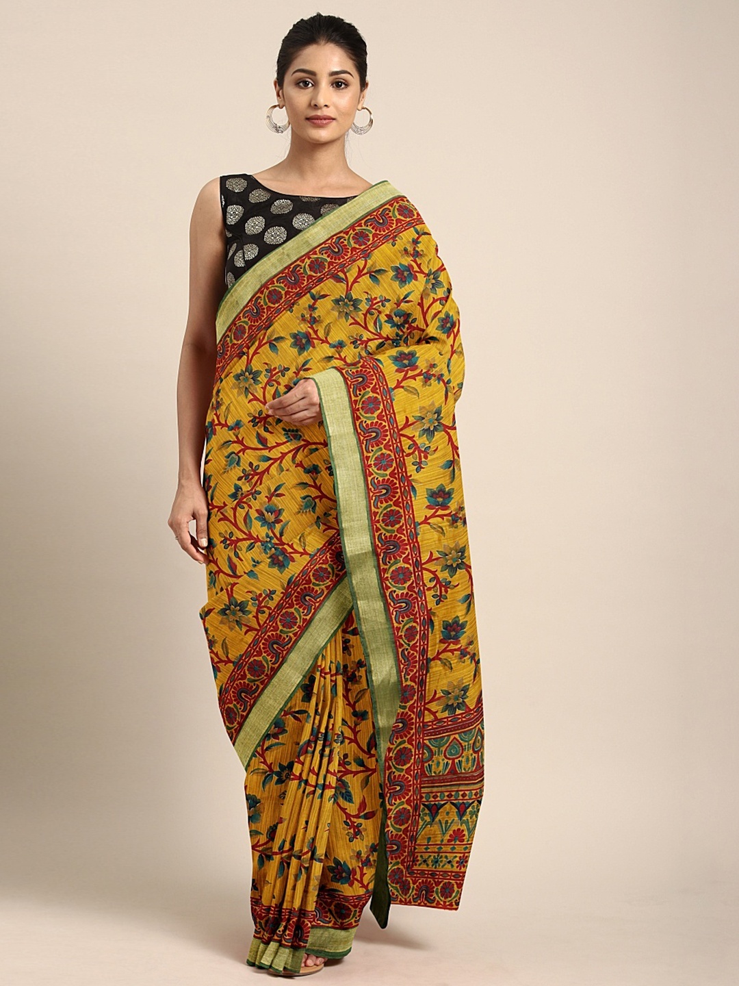 

KALINI Mustard Yellow & Red Cotton Blend Printed Saree
