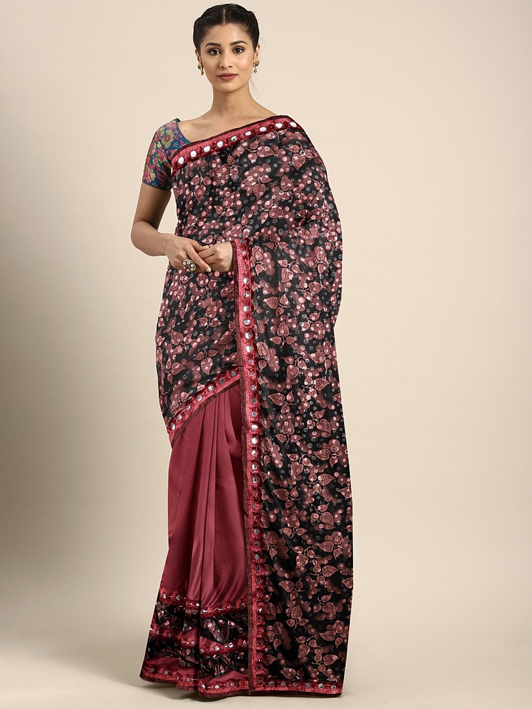 

KALINI Maroon & Black Silk Blend Printed Half & Half Celebrity Saree with Ruffle Detailing