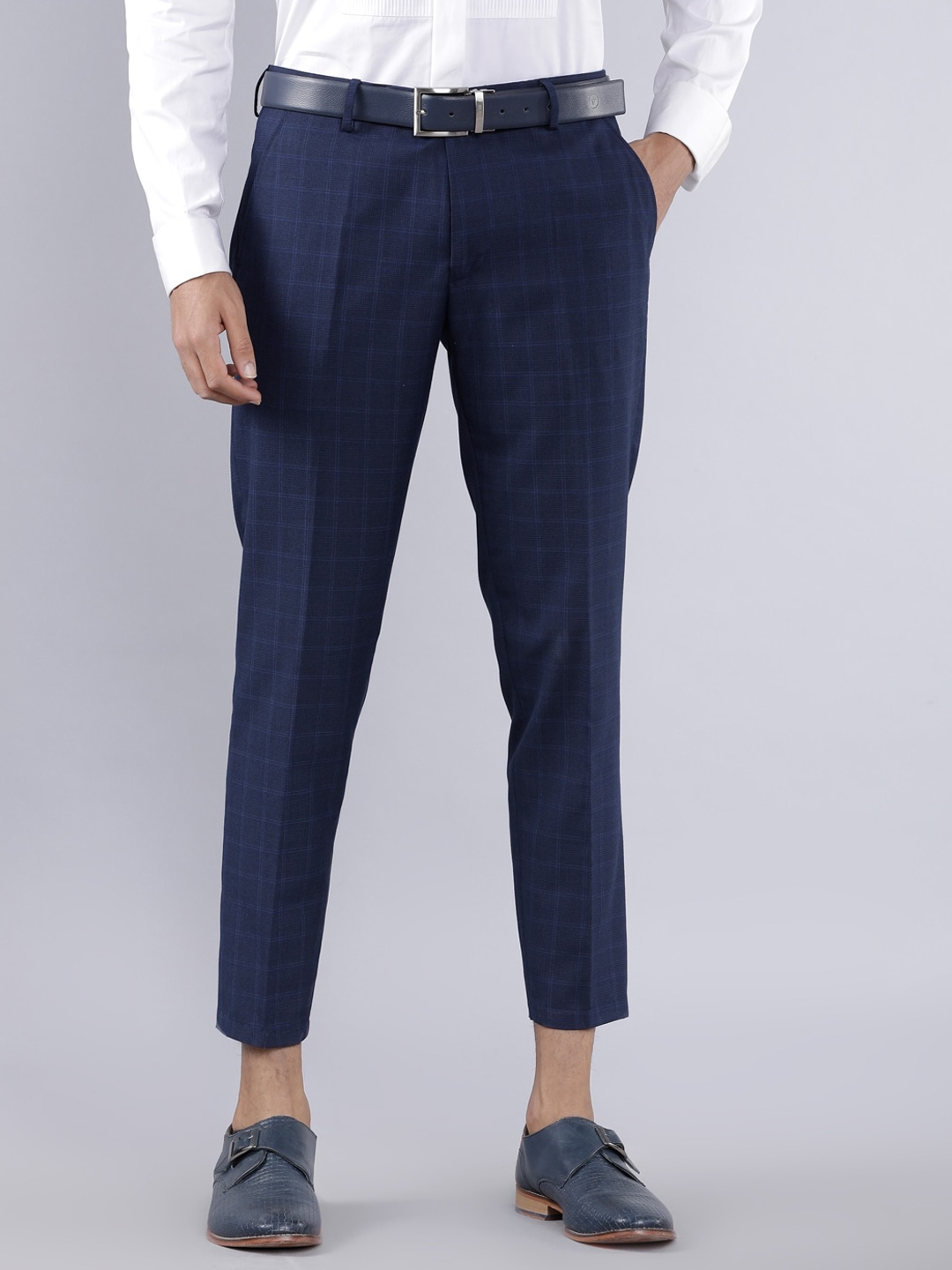 

HIGHLANDER Men Navy Blue Checked Slim Fit Formal Trousers