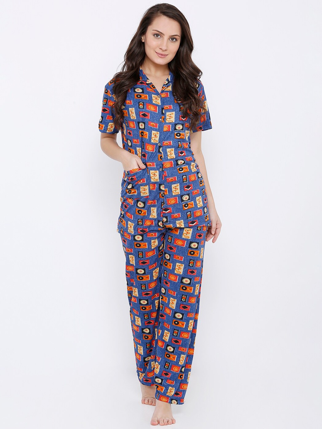 

Pretty Awesome Women Blue & Orange Printed Night Suit