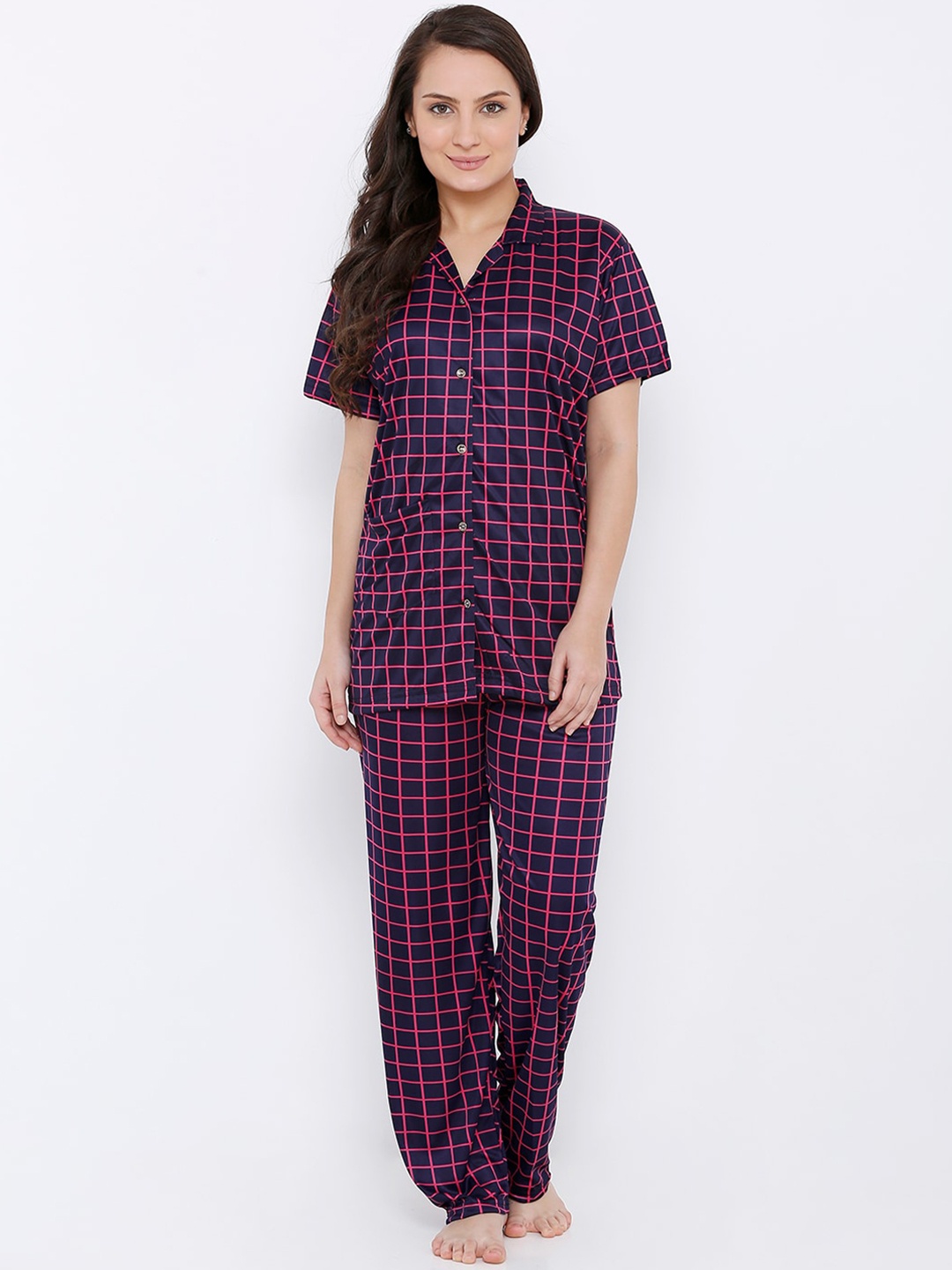 

Pretty Awesome Women Navy Blue & Pink Checked Night suit