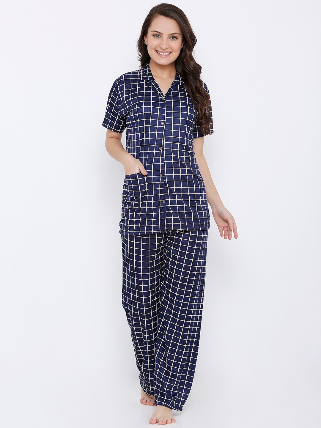 

Pretty Awesome Women Navy Blue & White Checked Night Suit