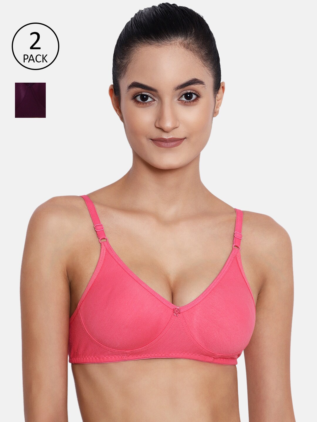 

ABELINO Pack of 2 Solid Non-Wired Non-Padded T-Shirt Bras, Pink