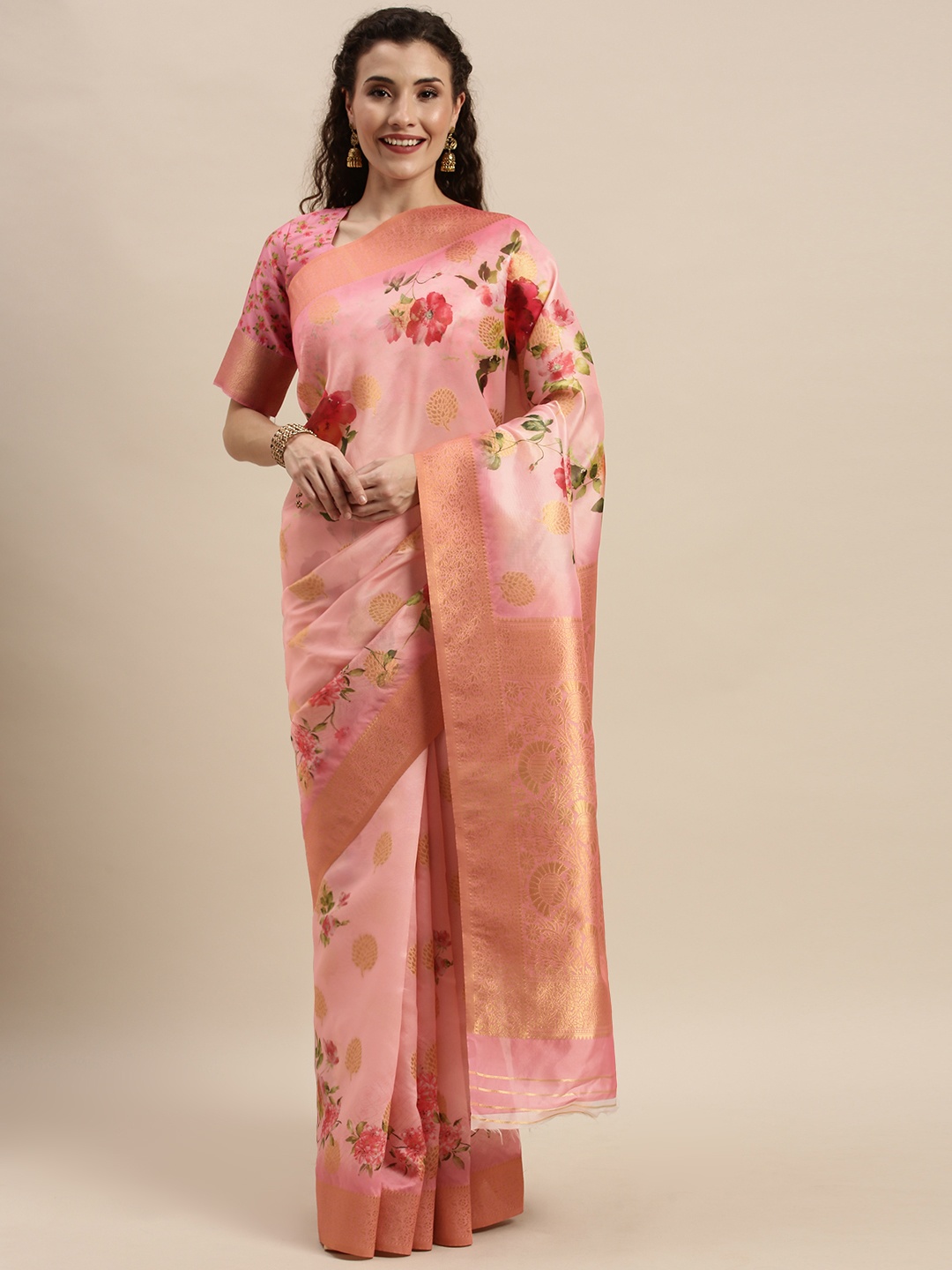 

Kvsfab Pink & Red Silk Woven Design & Floral Printed Saree