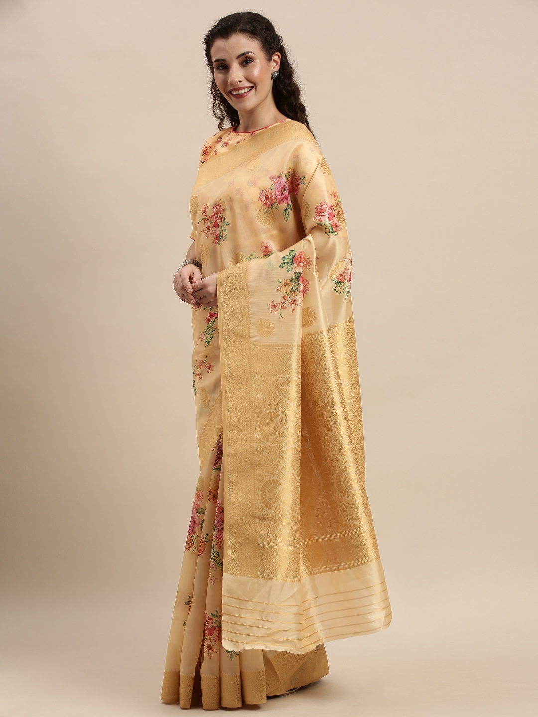 

Kvsfab Beige & Pink Woven Design & Floral Printed Silk Saree