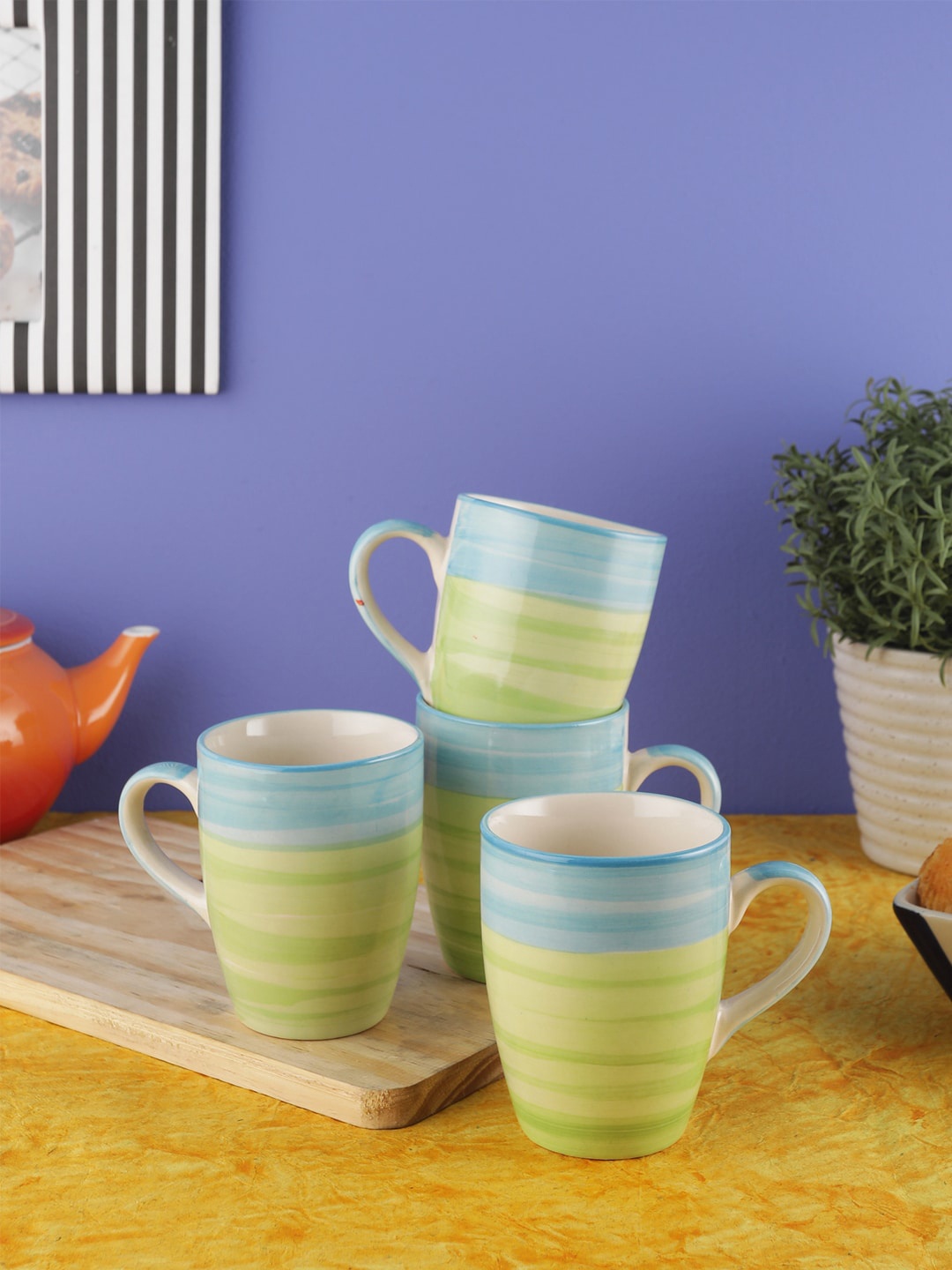 

VarEesha Green & Blue 4-Pieces Printed Ceramic Mugs Set 220 ml each