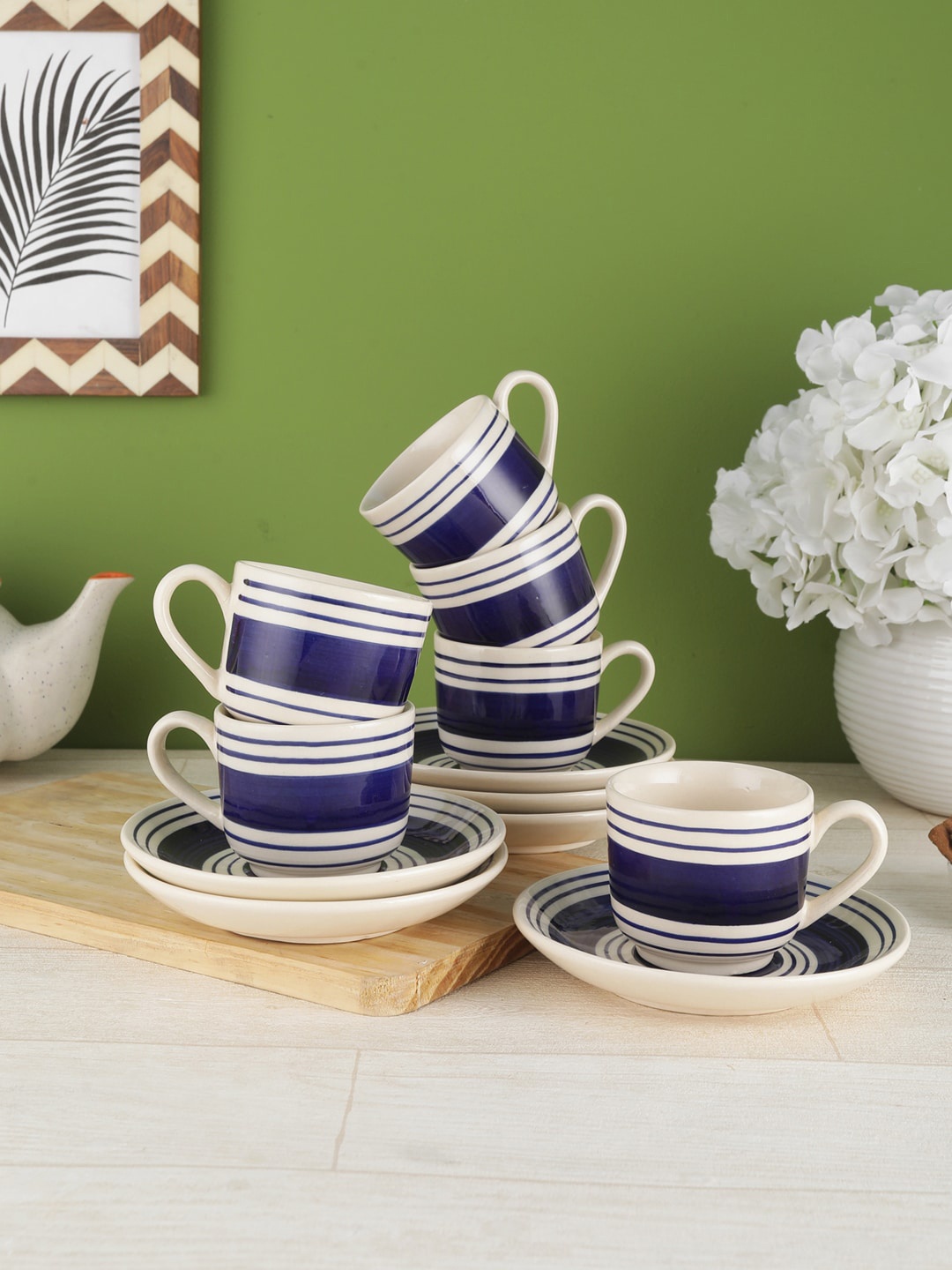 

VarEesha Blue & Beige Striped 12-Pieces Ceramic Cups & Saucer Set