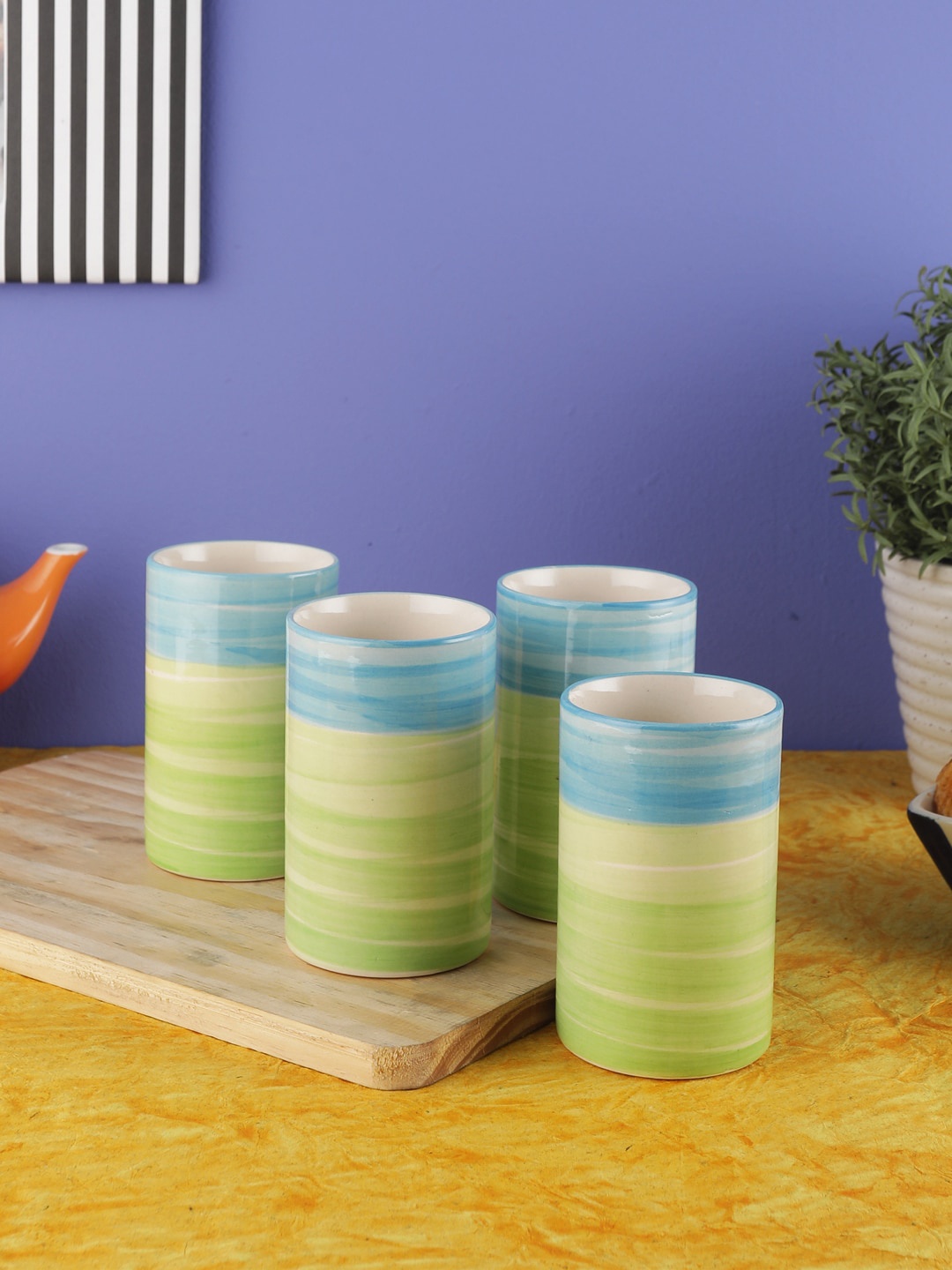 

VarEesha Blue & Green Printed 4-Pieces Ceramic Glasses Set